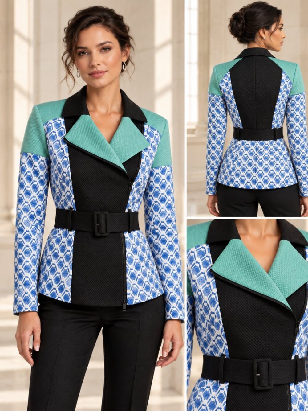 Peter Pilotto for Target M Belted Moto Blazer Blue Green Geometric Print